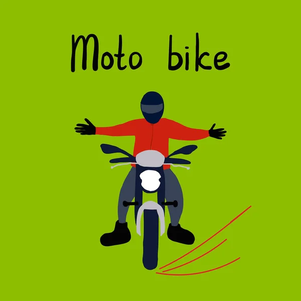 年轻的高加索人骑着绿色背景的摩托车 头戴头盔的年轻人在城市街道上驾驶摩托车 手绘文字摩托自行车 矢量平面设计说明 正方形布局 — 图库矢量图片