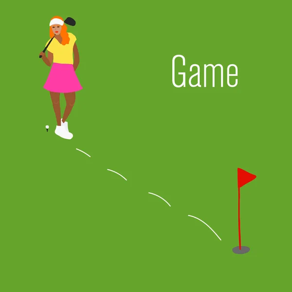Flat Vector illustration sporty girl playing golf — Stock Vector