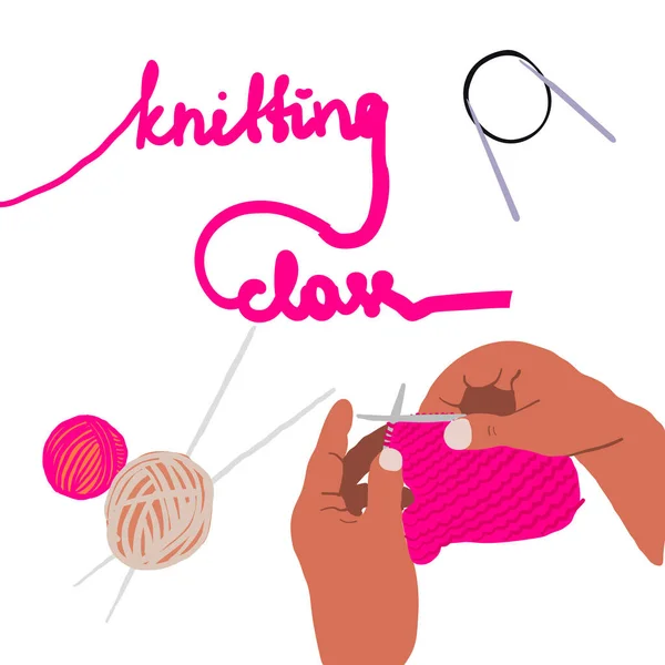 Mãos segurar needles.knitting classe texto desenhado à mão — Vetor de Stock