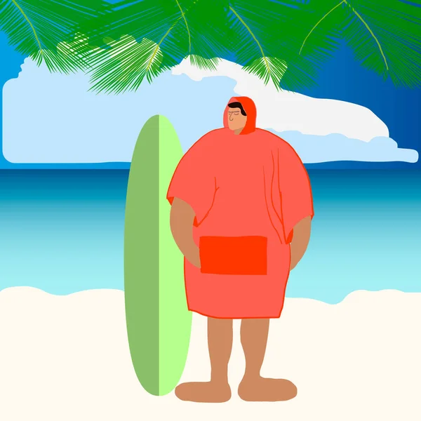 Man surfer in bright robe stands near surfboards — Stock Vector