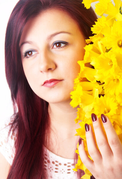 red hair woman with yellow flowers