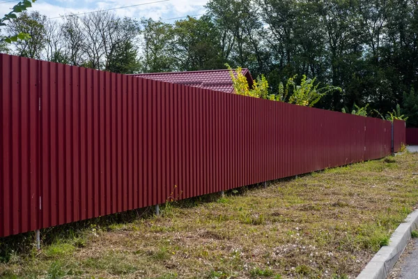 Красный Металл Гофрированный Забор Вокруг Зеленого Сада Текстура Профилированного Металла — стоковое фото