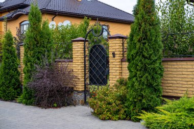 İşlenmiş demir elementlerle dolu ahşap kapı yerleşim yerinin yakınında..