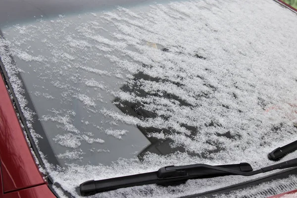Frozen Car Windshield Covered Ice Snow Winter Day Close View — Stock Photo, Image