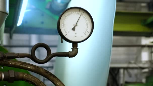 Pressure gauge close-up at the factory for the production of cardboard containers. — Stock Footage Pressure Gauge Close Factory Production Cardboard Containers Stock Footage