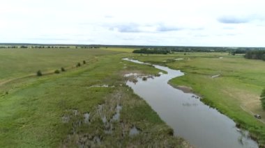 Bir tarla ve orman arasındaki kırsal kesimde küçük bir nehrin havadan görünüşü. İnsansız hava aracından alınan güzel manzaralar.