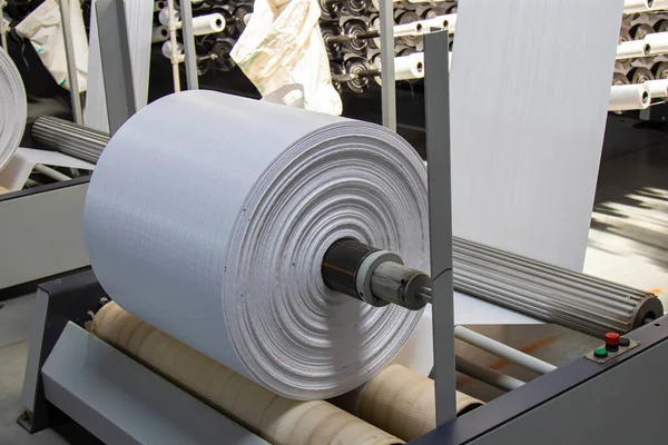 Resulting Polypropylene Sleeve Manufacture Bags Wound Large Reels Drum Winding — Stock Photo, Image