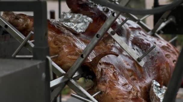 Detailed View Roasted Pig Carcass Spinning Spit Street Food Closeup — Stock Video