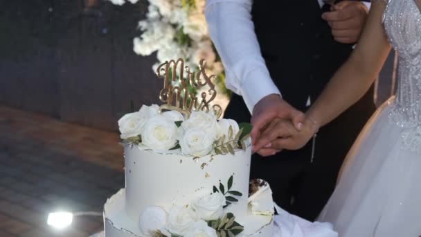 Hermoso Pastel Bodas Los Novios Cortaron Trozo Pastel Manos Cerca — Vídeo de stock