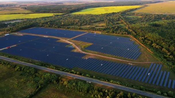Panele słoneczne w liniach na polu w pobliżu autostrady. widok z lotu ptaka z góry. Energia słoneczna, panele słoneczne, koncepcja farmy słonecznej. — Wideo stockowe