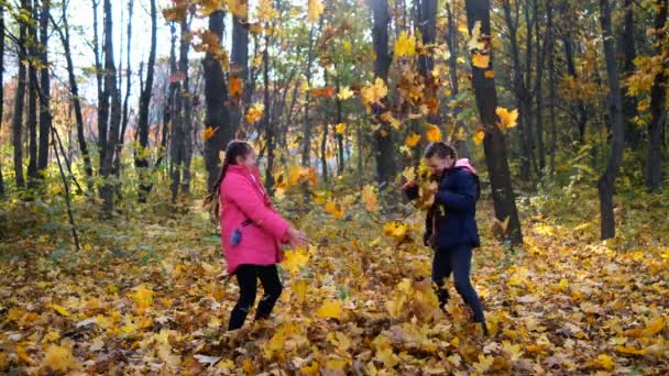 İki küçük kız parka sonbahar yaprakları fırlatıyor. Sonbahar Parkı 'nda oynayan çocuk. Sonbahar yaprakları, açık hava eğlencesi . — Stok video