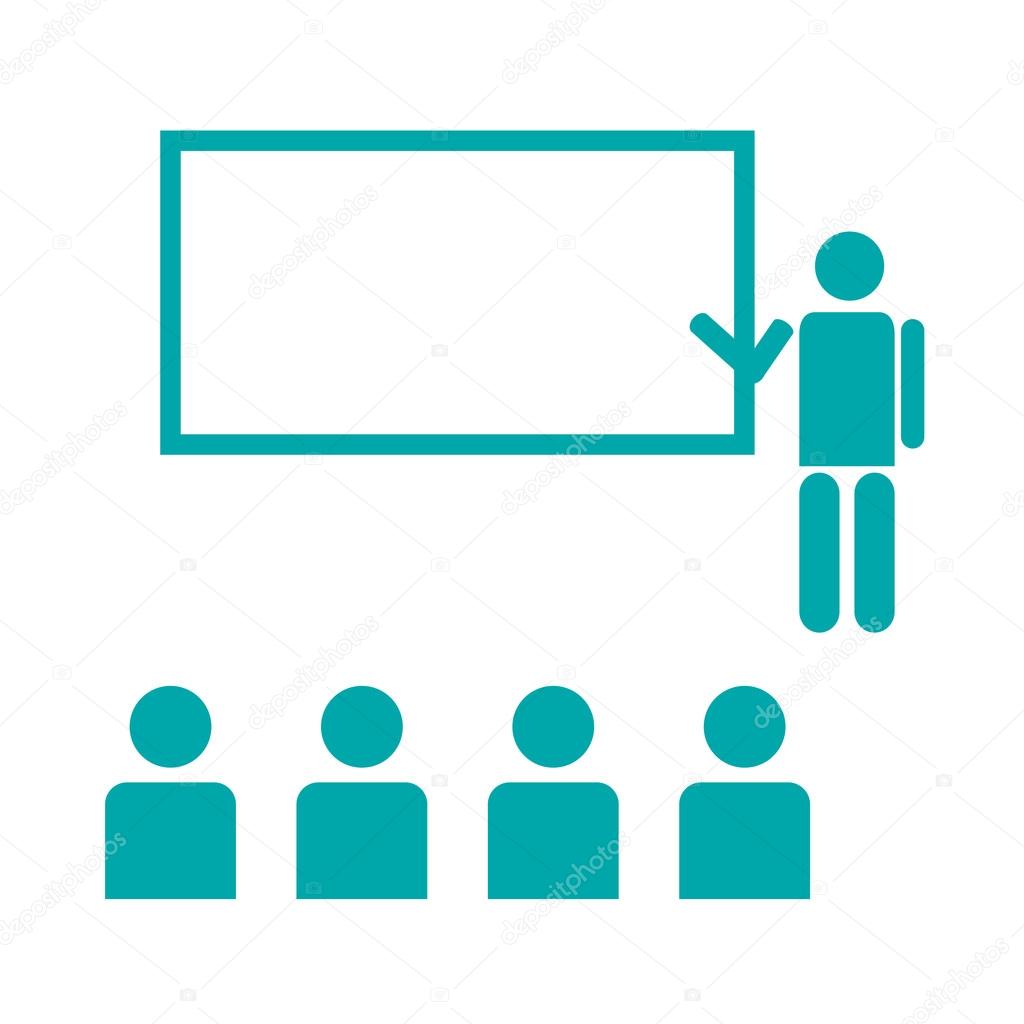 Seminar concept icon. Conference concept icon. Teacher in-front of a whiteboard and an audience.