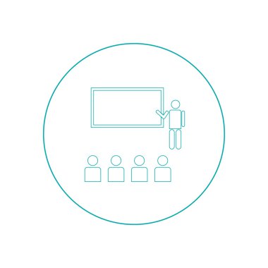 Seminer kavramı simge. Konferans kavramı simge. Öğretmen içinde ön bir beyaz tahta ve bir hedef kitleye.