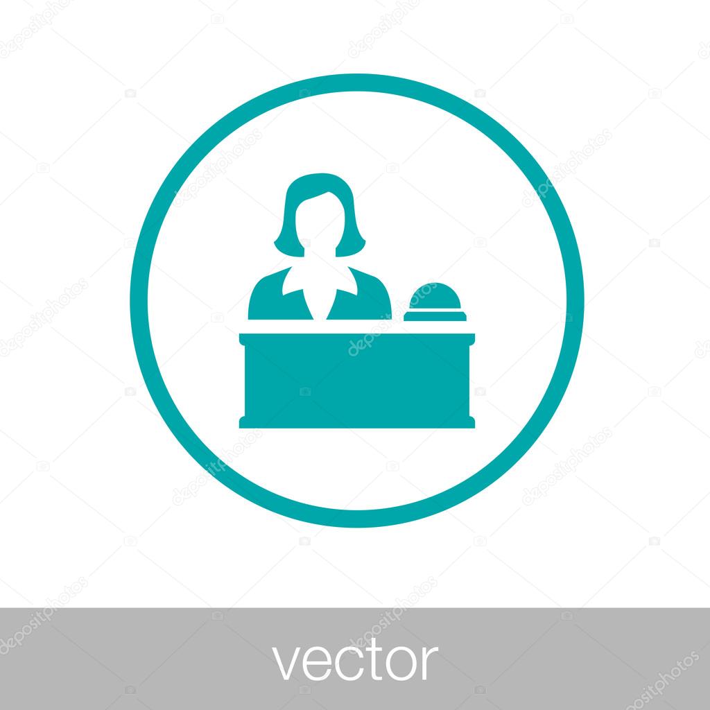 Front Desk - Button - Business woman working on the reception. Stock illustration flat design icon.
