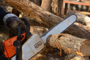 Elektrikli testere ve odun. Kış için odun hazırlıyorum.