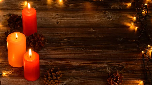 Christmas Candles Wooden Background Cristmas Candles Text Space — Fotografia de Stock