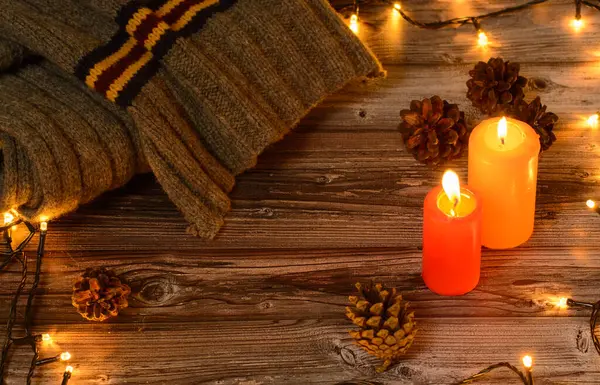 Christmas Candles Wooden Background Cristmas Candles Text Space — Photo