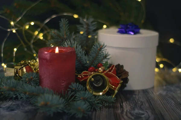 Christmas Background Bells Cones Christmas Tree Branch — Fotografia de Stock