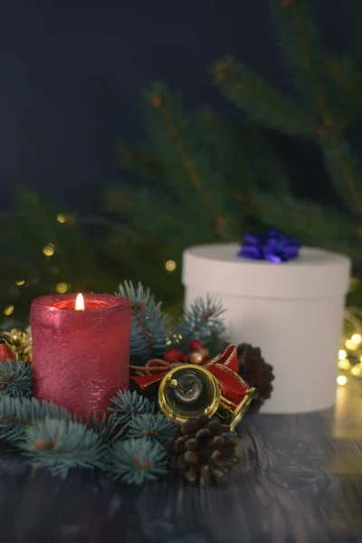 Christmas Background Bells Cones Christmas Tree Branch — Fotografia de Stock