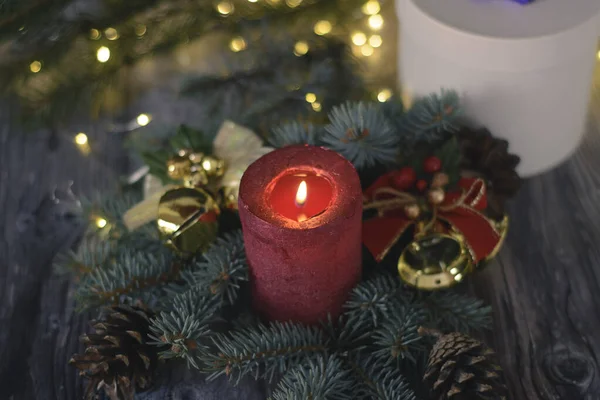 Christmas Background Bells Cones Christmas Tree Branch — Fotografia de Stock