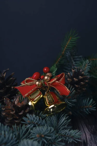 Fundo Natal Com Sinos Cones Ramo Árvore Natal — Fotografia de Stock