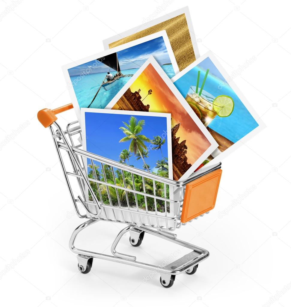 travel photos in a shopping cart on white background