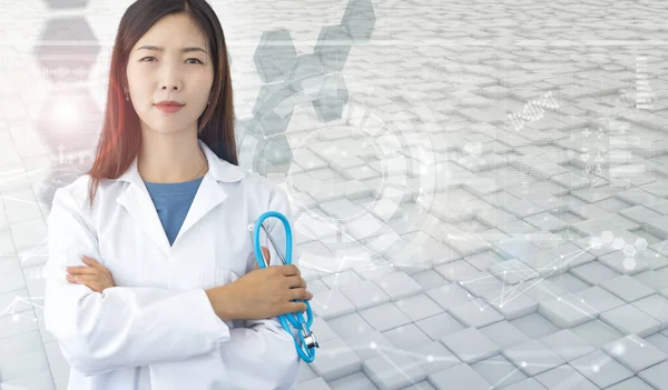 Leende Asiatisk Kvinna Läkare Med Labbrock Och Stetoskop Holografisk Bakgrund — Stockfoto