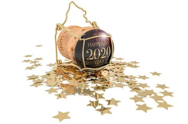 Yeni Yıl Şampanyası Mantarı Beyaz Üzerinde Altın Yıldızlar — Stok fotoğraf