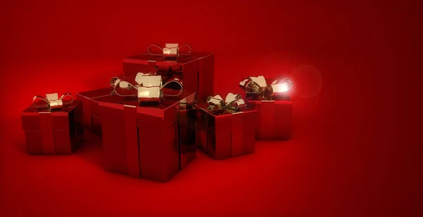 Muitos Pacotes Presente Natal Com Papel Metálico Vermelho Elegante Luxuoso — Fotografia de Stock