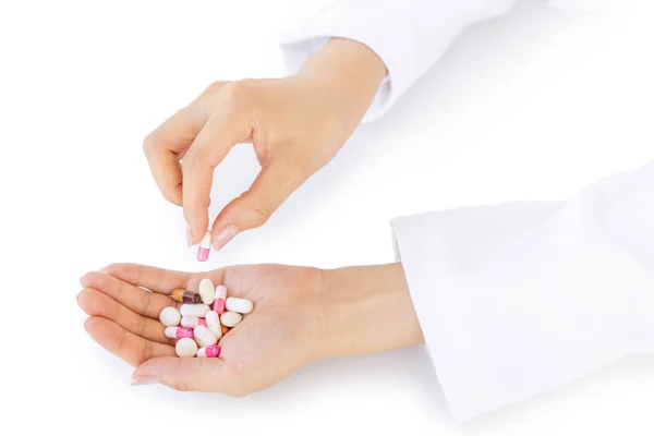 Gesture Hand Taking Pill Other Palm Which Contains Group Medicines — Stock Photo, Image