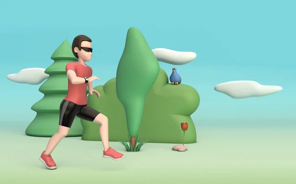 illustration of a character doing physical activity in the park with trees, clouds and birds - 3d illustration