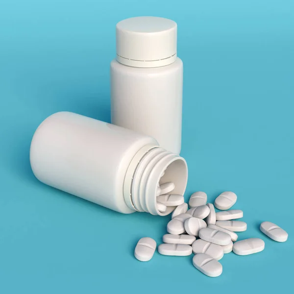 Medicamentos Médicos Frascos Plástico Derrame Comprimidos Recipiente Blanco Uno Cerrado —  Fotos de Stock