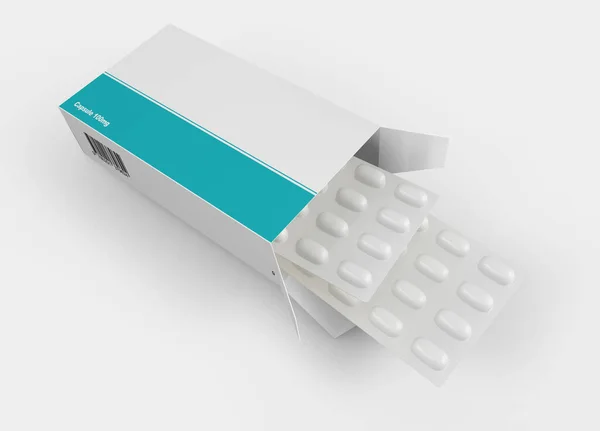 Draufsicht Auf Geöffnete Medikamentenbox Und Blisterverpackungen Isoliert Auf Weißem Hintergrund — Stockfoto