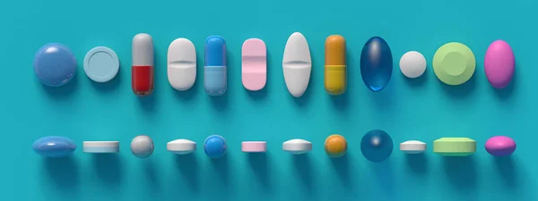 Top View Colorful Pills Tablets Capsules Light Blue Colored Background — Stock Photo, Image