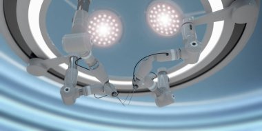 Robot cerrahi kollar uzaktan kontrol ediliyor. Bir ameliyathanenin tavan lambalarının altında, 3D illüstrasyon. Cerrahiye otomatikleştirilmiş ve minimal invazif yaklaşım kavramı