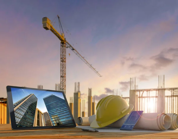Engineer Architect Tools Construction Site Sunset Tablet Hard Hat Blueprints — Stock Photo, Image