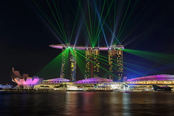 Известное Лазерное Шоу Набережной Бухты Марины Достопримечательности Сингапура Ночью — стоковое фото