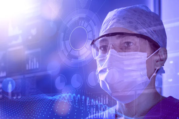 Female scientist wearing lab glasses and protective mask examines data on a transparent digital screen. Concept of innovative technology in medical research, HUD styl