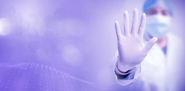 Female doctor wearing mask and gloves makes the stop gesture on lilac background with space for text.