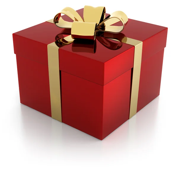 Um pacote de presente vermelho com fita dourada — Fotografia de Stock