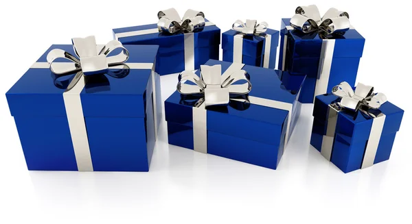 Pile of blue gift parcels with silver ribbon — Stock Photo, Image