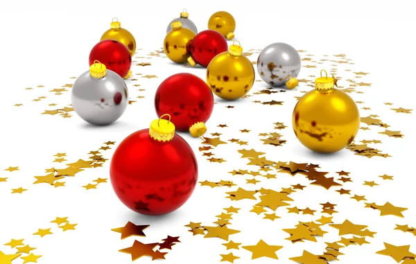 Natal bugigangas e estrelas douradas no fundo branco — Fotografia de Stock