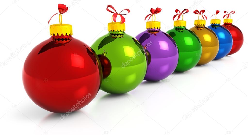 Row of colored christmas balls on white background — Stock Photo
