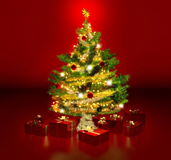 Glimmende kerstboom en presenteert in rode achtergrond — Stockfoto