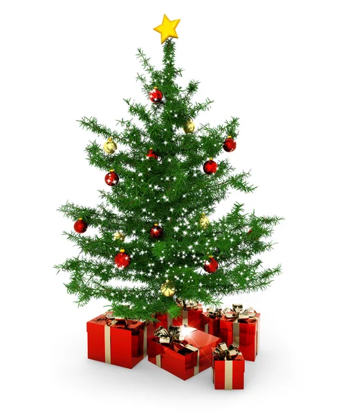 Christmas tree and gift parcels on white background — Stock Photo, Image