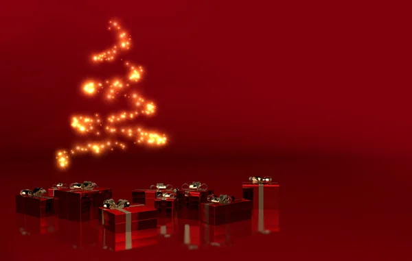 Arbre de Noël abstrait et colis cadeaux sur fond rouge — Photo