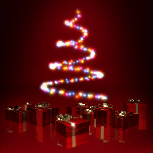 Abstract kerstboom en cadeau percelen op rode achtergrond — Stockfoto