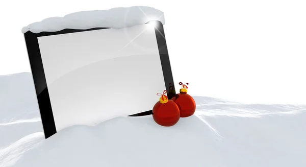 Laptop y bolas de Navidad en una deriva de nieve — Foto de Stock