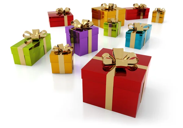 Set of colorful parcels with golden ribbon — Stock Photo, Image