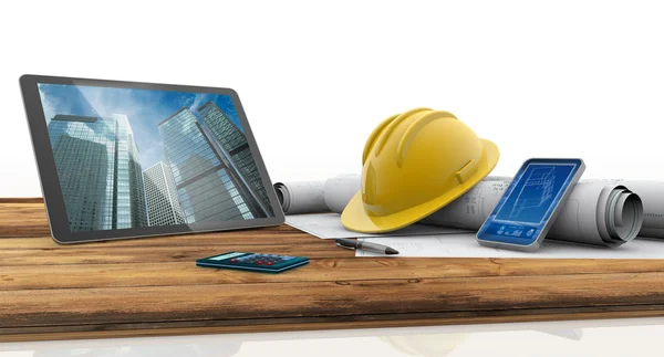 Tablet, smartphone, safety helmet and blueprints on wooden table — Stock Photo, Image